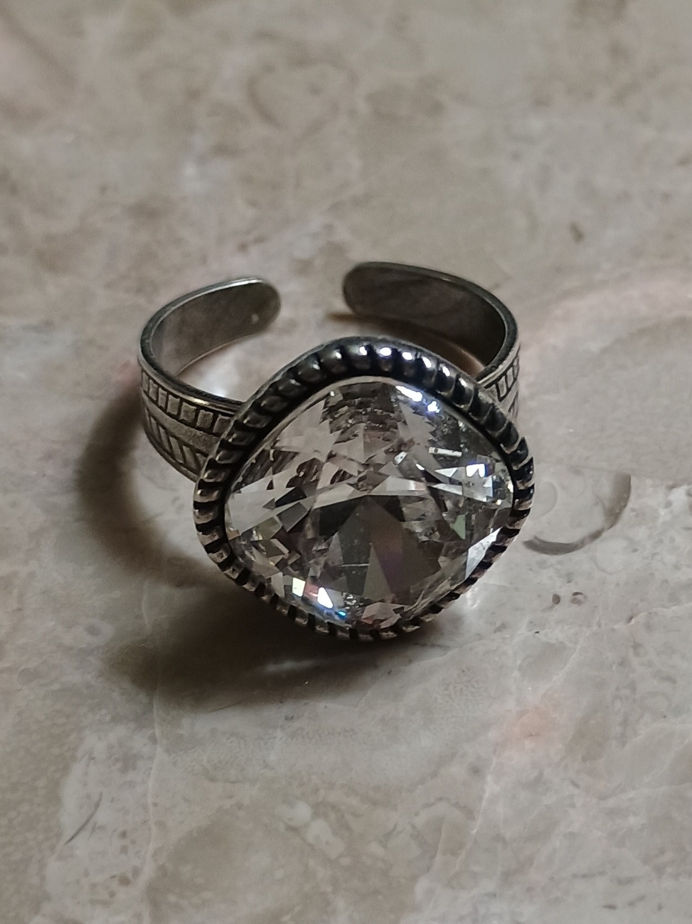 Silver-Tone Clear Crystal Adjustable Ring